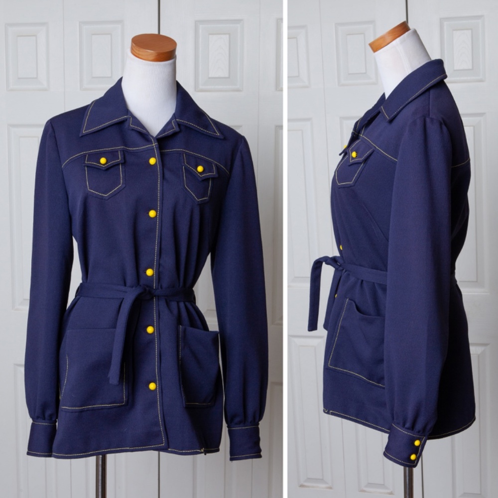 Vintage 70s Blue Leisure Jacket Shirt Blazer Button Down Pockets Polyester S/M